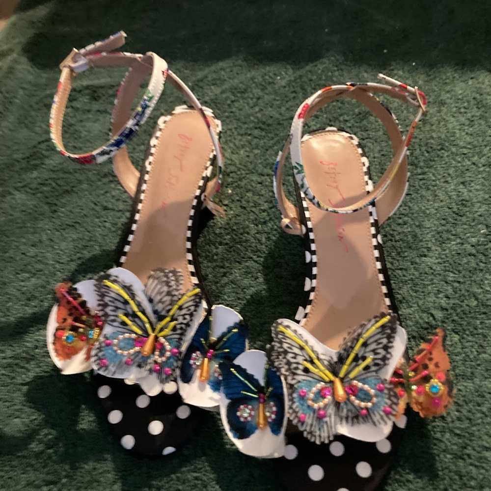 COPY - Betsey Johnson Black and White low square heal, with Butterfly Embellish…